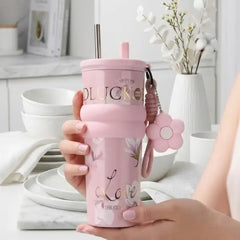 Pink Floral Stainless Steel Tumbler – Leakproof Design
