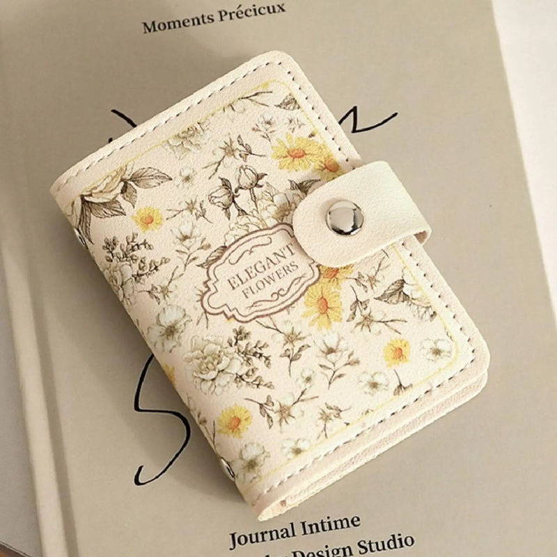 Vintage Floral Multi-Slot Card Holder with Secure Snap Button Closure
