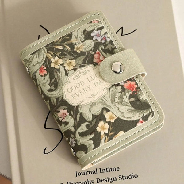 Vintage Floral Multi-Slot Card Holder with Secure Snap Button Closure