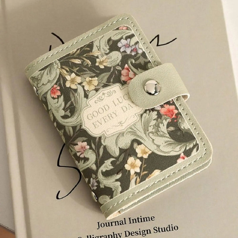 Vintage Floral Multi-Slot Card Holder with Secure Snap Button Closure