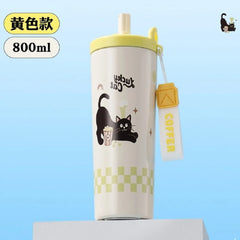 Cartoon Straw Steel Double-Wall Tumblers Straws Hand Strap 800ml