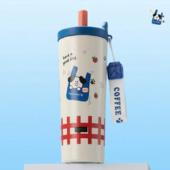 Cartoon Straw Steel Double-Wall Tumblers Straws Hand Strap 800ml