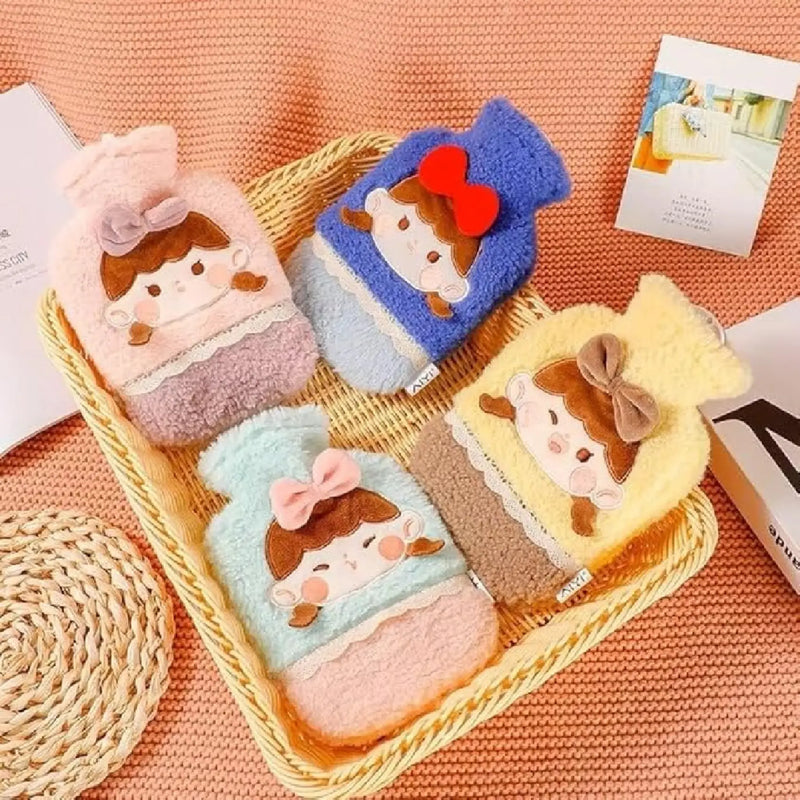 Hot Water Bottle Bag with Cute Girl With Bow Design Soft Cover - 1000ml