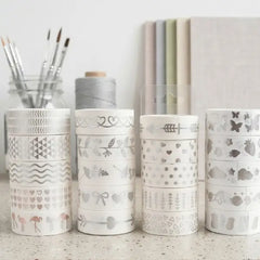 Pastel Silver Printed Washi Tape Rolls – Set of 5
