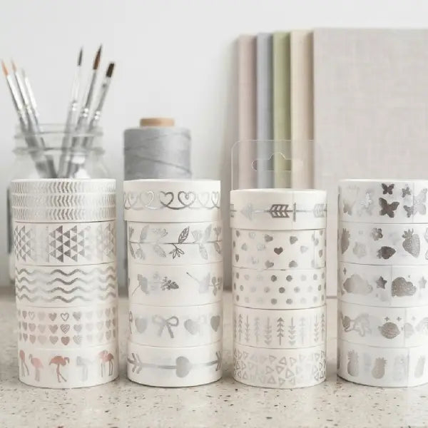Pastel Silver Printed Washi Tape Rolls – Set of 5