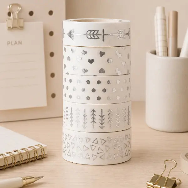 Pastel Silver Printed Washi Tape Rolls – Set of 5