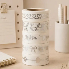 Pastel Silver Printed Washi Tape Rolls – Set of 5