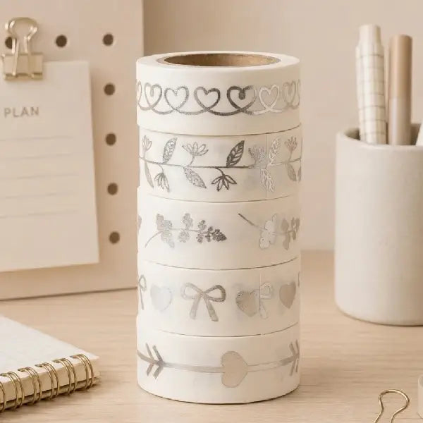 Pastel Silver Printed Washi Tape Rolls – Set of 5