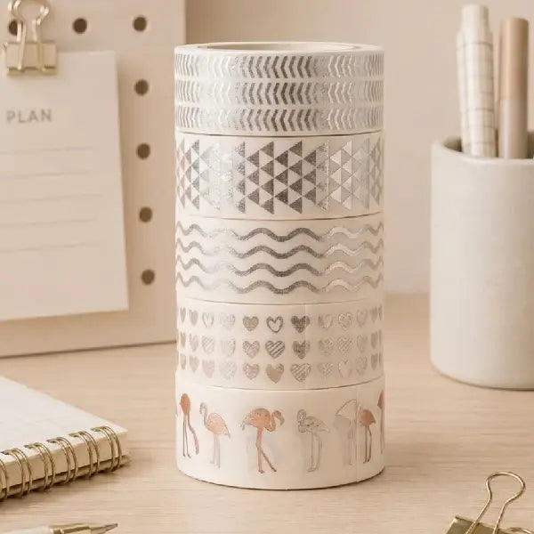Pastel Silver Printed Washi Tape Rolls – Set of 5