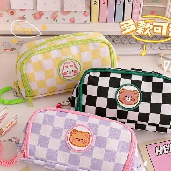 Pastel Checkerboard Pencil Case with Coiled Wristlet