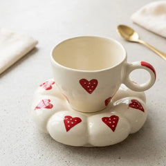 Heart Design Ceramic Cup With Saucer - Handmade