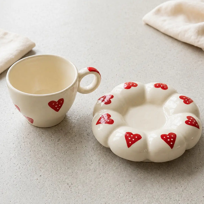 Heart Design Ceramic Cup With Saucer - Handmade