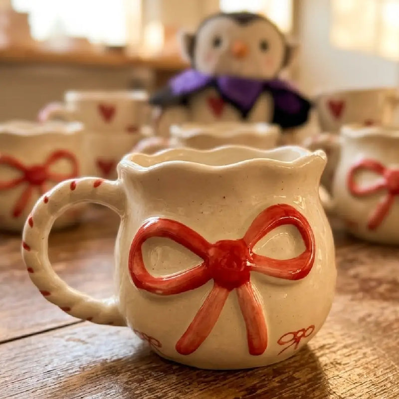 Red Bow Bliss Ceramic Mug - Handmade