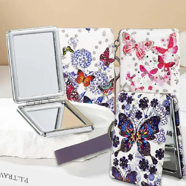 Butterfly Print Portable Folding Double Side Mirror with Keychain