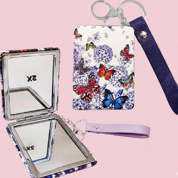 Butterfly Print Portable Folding Double Side Mirror with Keychain