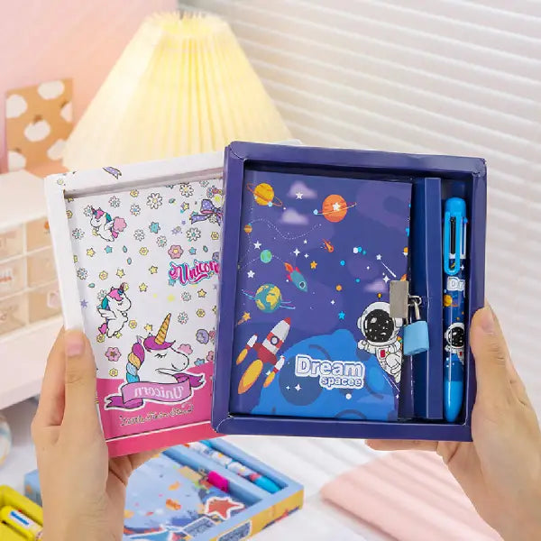 Adorable Locked Diary and 6-Color Shuttle Pen Set