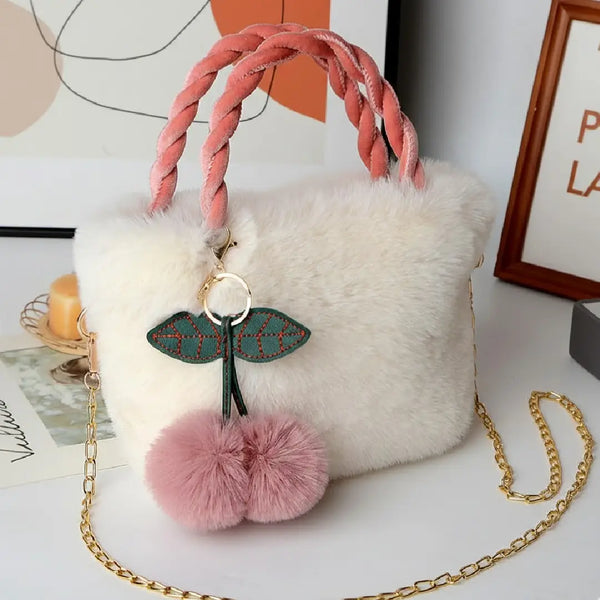 Soft Faux Fur Cherry Handbag with Rope Handles