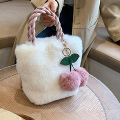 Soft Faux Fur Cherry Handbag with Rope Handles