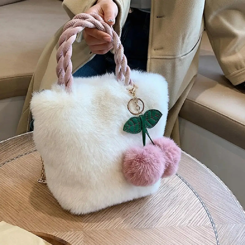 Soft Faux Fur Cherry Handbag with Rope Handles