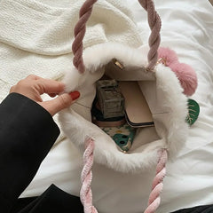 Soft Faux Fur Cherry Handbag with Rope Handles