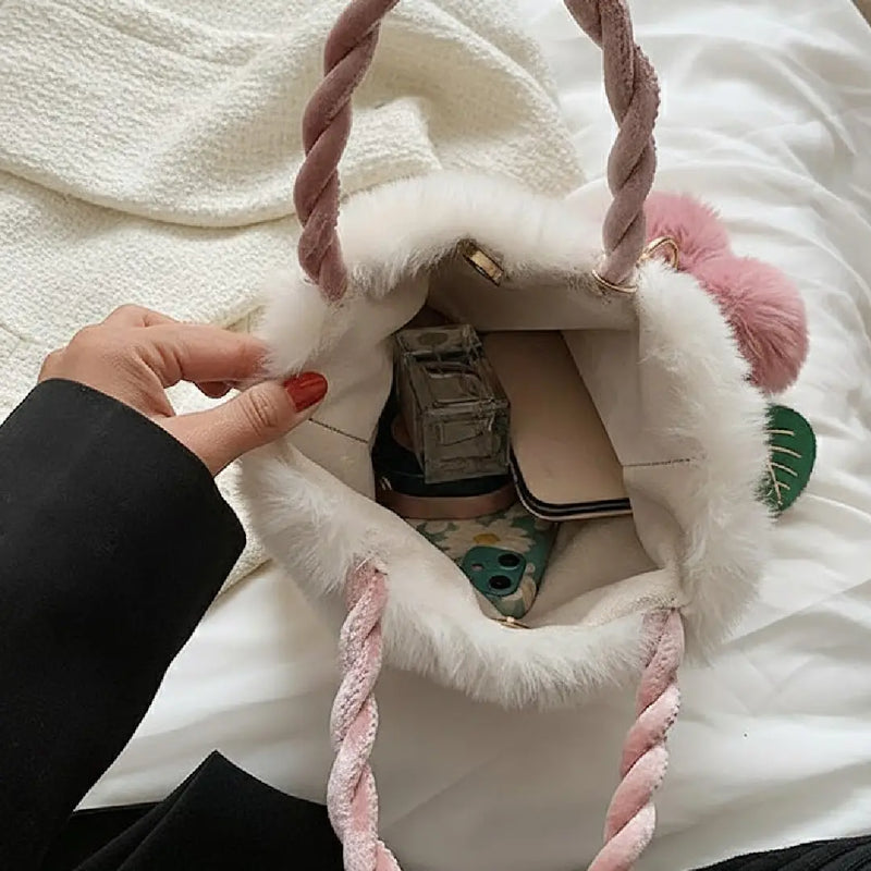 Soft Faux Fur Cherry Handbag with Rope Handles