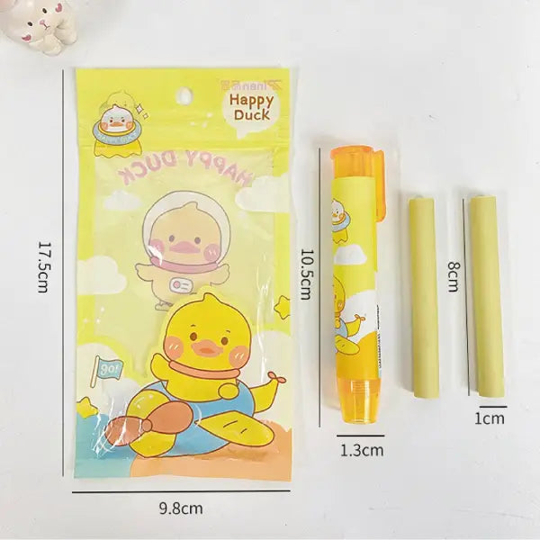 Cute Happy Duck Retractable Eraser Set-1 Pen-Style Eraser Case and 2 Refills