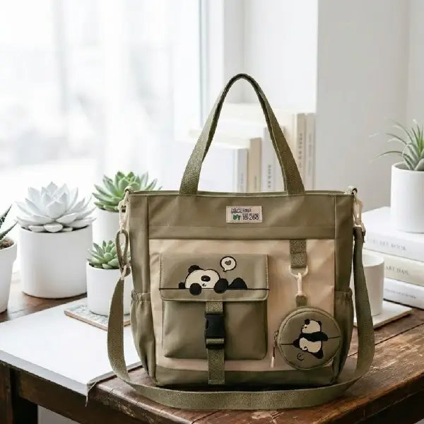 Multi-Pocket Panda Tote Bag with Matching Charm & Coin Pouch