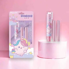 Kawaii Unicorn Retractable Pen Eraser Set - 1 Pen-Style Eraser Case and 2 Refills