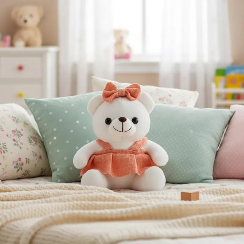 Cute Plush Bear Dolls with Bow & Frock 30 cm