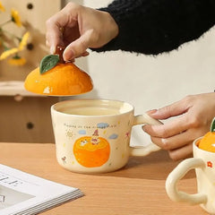 Cute 3D Orange Porcelain Mug with Fruit Lid Design