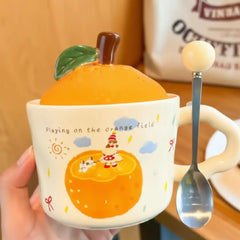 Cute 3D Orange Porcelain Mug with Fruit Lid Design