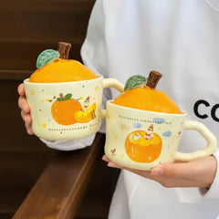 Cute 3D Orange Porcelain Mug with Fruit Lid Design