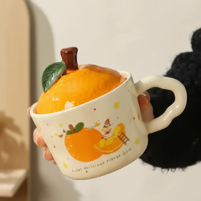 Cute 3D Orange Porcelain Mug with Fruit Lid Design