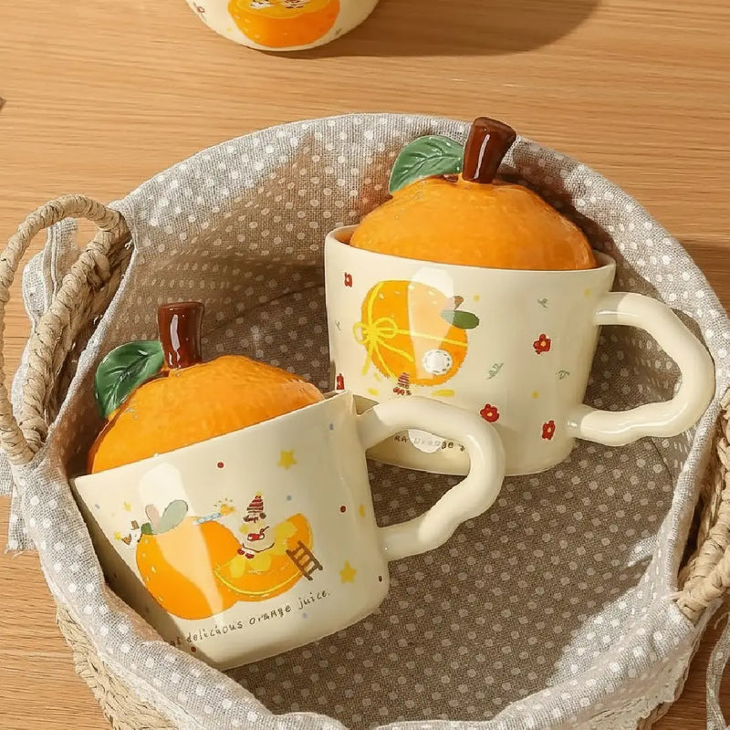 Cute 3D Orange Porcelain Mug with Fruit Lid Design