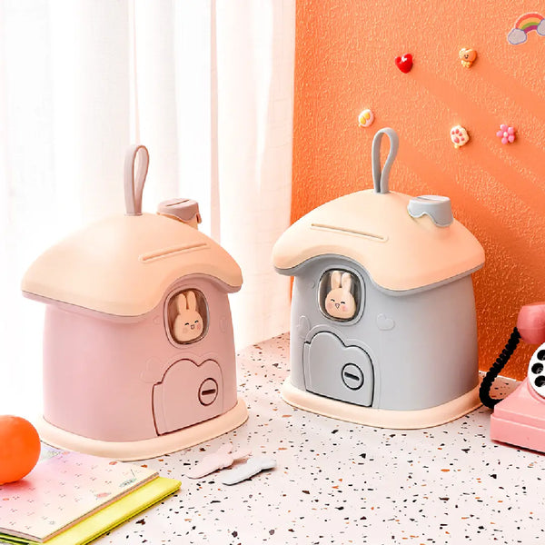 Cute Rabbit House Piggy Bank With Key – Tiny Treasure