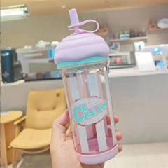 Ice Cream Shape Cute Straw Water Bottle – Pastel Style