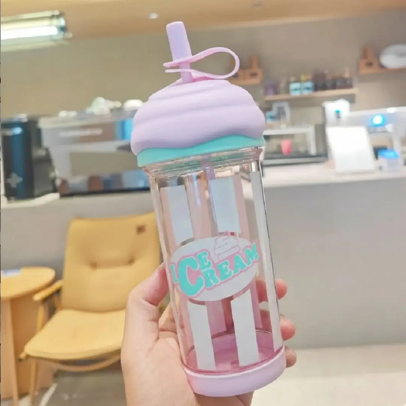 Ice Cream Shape Cute Straw Water Bottle – Pastel Style
