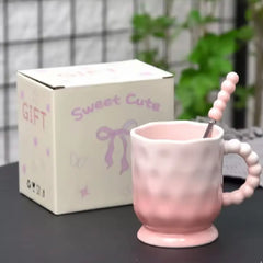 Pastel Gradient Porcelain Mug with Spoon – Dimple Texture Coffee Cup in Gift Box