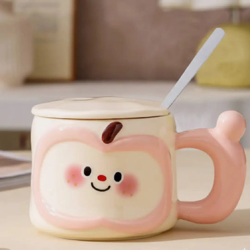 Cute Apple Porcelain Mug with Lid & Spoon – Smiling Fruit Design Coffee & Tea Cup, Premium Gloss Finish