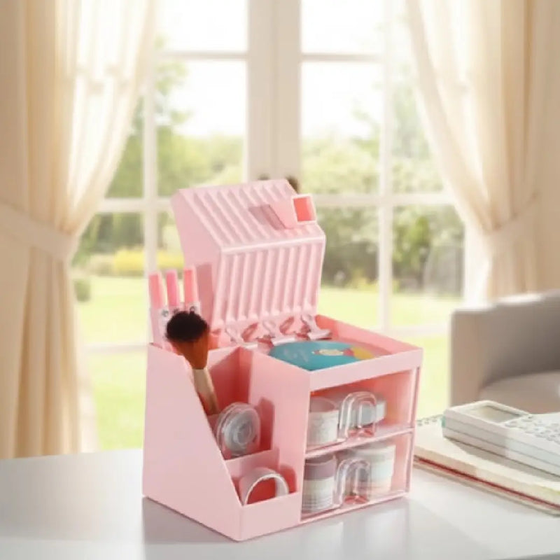 Cute House Desk Organizer for Stationery & Makeup Storage (Pink)