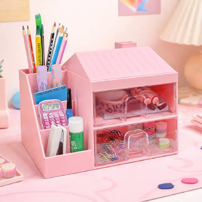 Cute House Desk Organizer for Stationery & Makeup Storage (Pink)