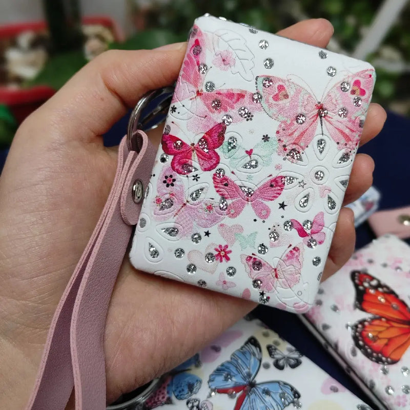 Butterfly Print Portable Folding Double Side Mirror with Keychain