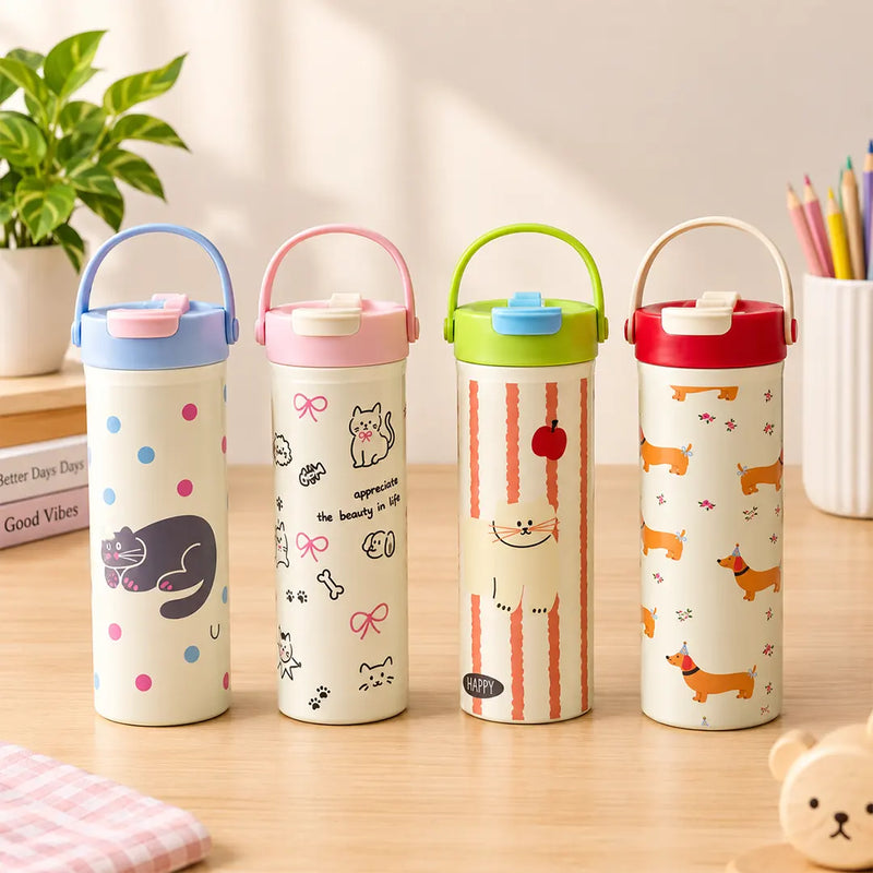 Cat & Puppy Cartoon Design Steel Tumbler - 600ML