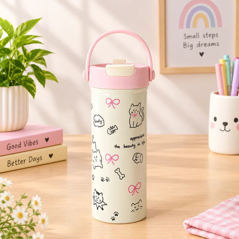 Cat & Puppy Cartoon Design Steel Tumbler - 600ML