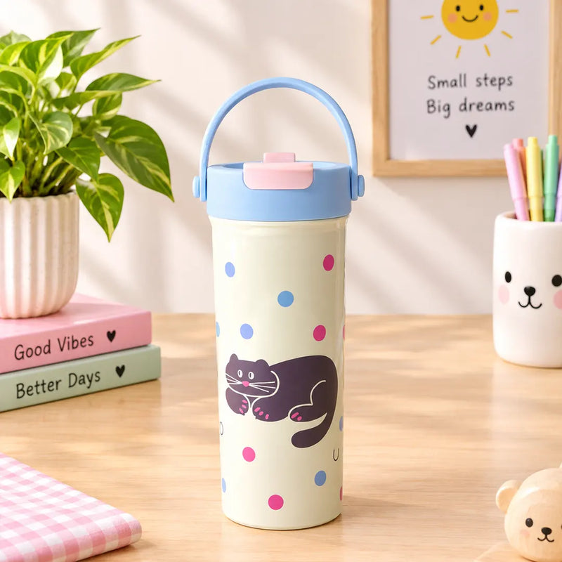 Cat & Puppy Cartoon Design Steel Tumbler - 600ML