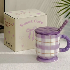 Pastel Porcelain Coffee Mug with Lid & Spoon – Hand-Painted Checkered Design