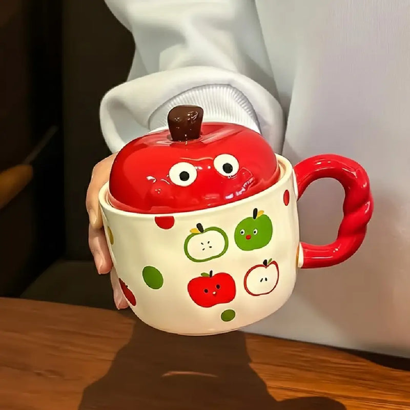 Cute 3D Apple Porcelain Mug Set – Includes Stem Lid and Leaf Spoon