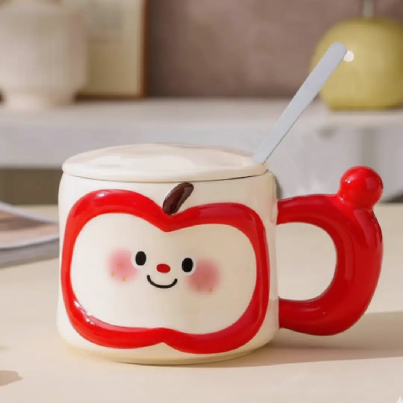 Cute Apple Porcelain Mug with Lid & Spoon – Smiling Fruit Design Coffee & Tea Cup, Premium Gloss Finish