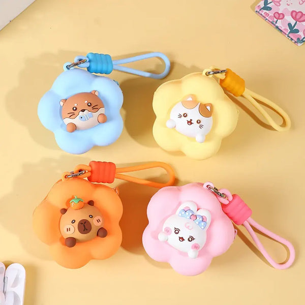 Mini Flower Silicone Wallet Charm With Cute Characters