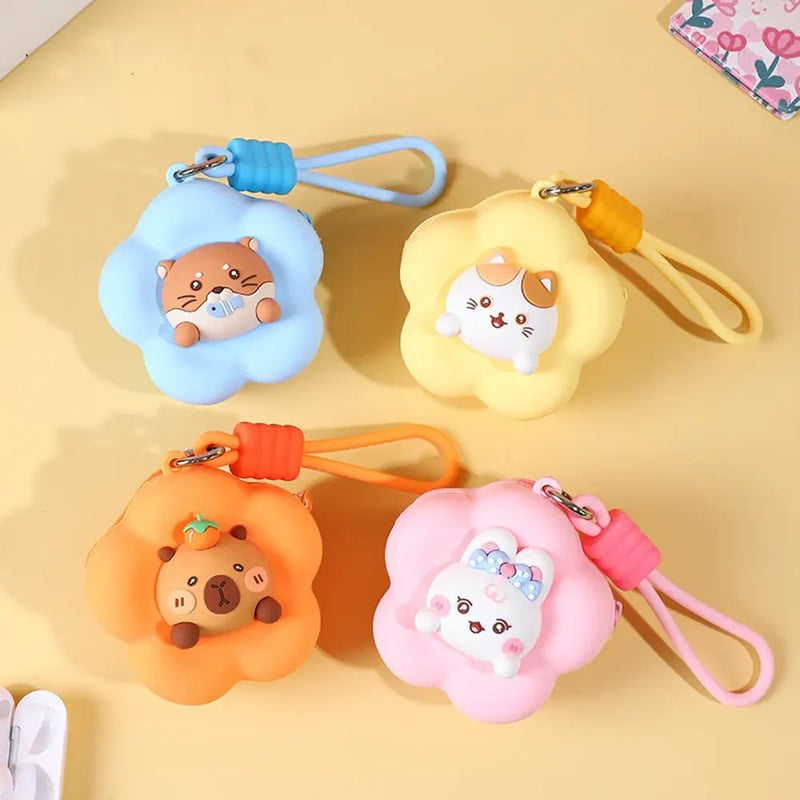 Mini Flower Silicone Wallet Charm With Cute Characters